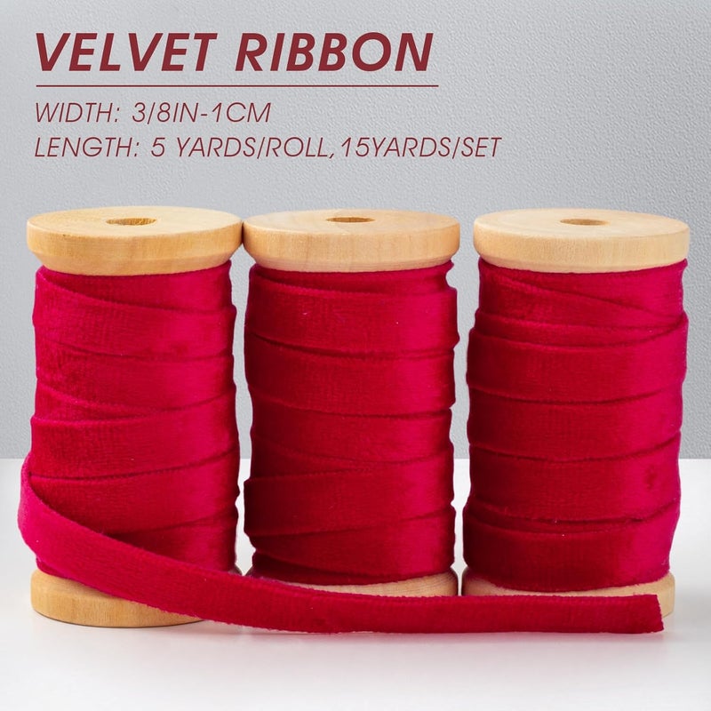 Garbendy Red Velvet Ribbon Set 3/8" Wide 3 Rolls * 5Yd Wooden Spool Fabric Trim for Valentine's Day Gift Decoration Handmade Craft Ornaments Gift Wrapping Decoration Party Wedding Arts Crafts - Image 2